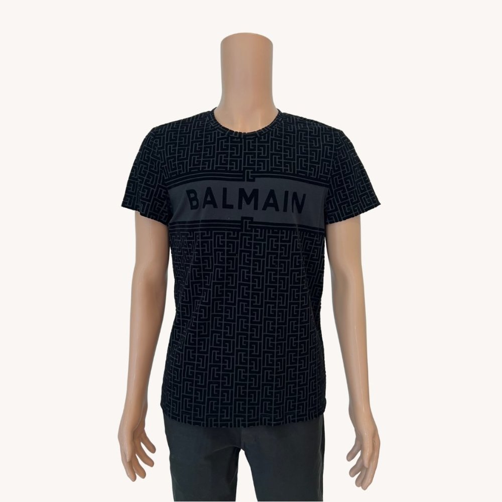 BALMAIN ECO SUSTAINABLE MONOGRAM FLOCK T-SHIRT - NOIR/NOIR